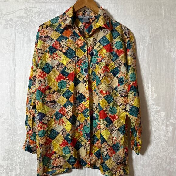 Robert Stock 100% Silk Button Up Small Colorful Geometric Floral Patchwork 90s - Picture 1 of 12